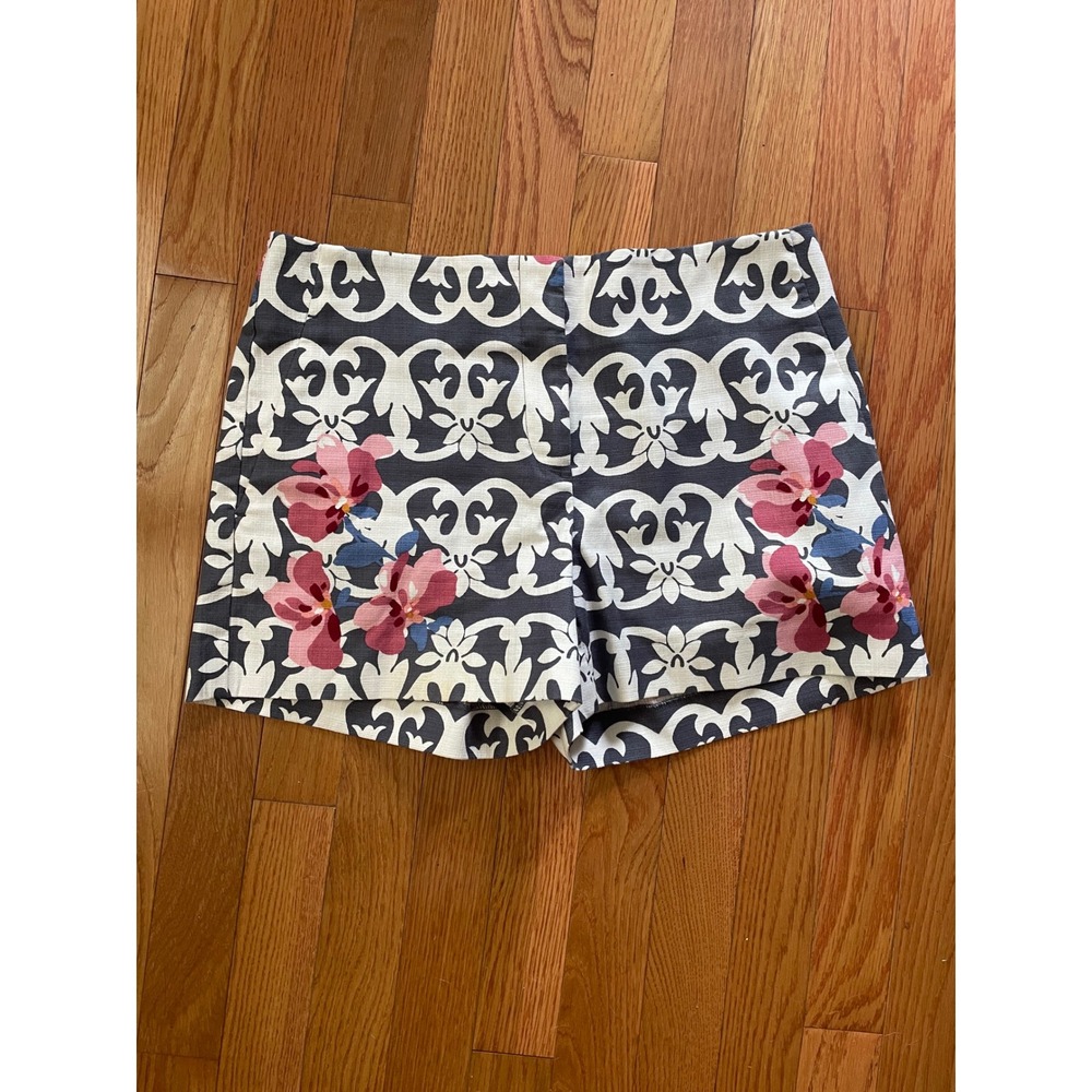 LOFT Riviera Shorts Womens 2 Grey White Scroll Pink Floral Side Zip High Waist